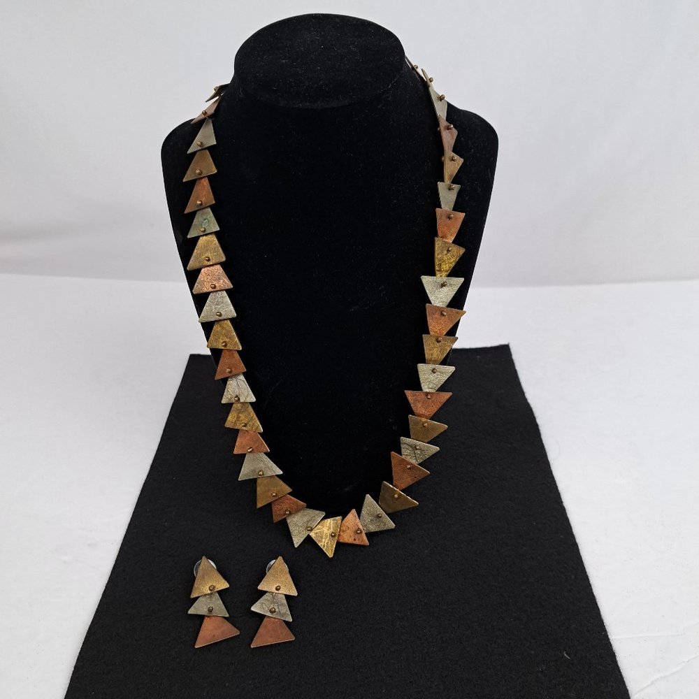 Vintage Mixed Metal Necklace & Earrings Triangle Shape Metal Pieces